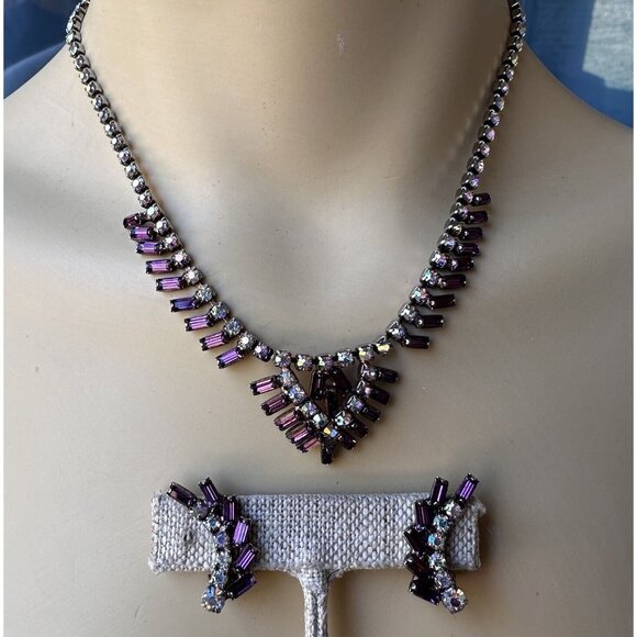 VTG 1950s Choker Necklace 15" Aurora Purple Crystal Rhinestone Earrings 1" - Picture 1 of 12